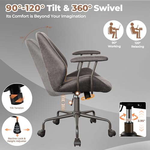 ovios Ergonomic Office Chair, Mid-Back Faux Suede Fabric Executive Chair with Padded Armrest, Mid-Century Modern Comfy Swivel Rolling Computer Desk Chairs, Gray - Image 4