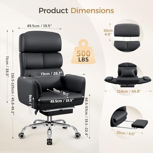 Big and Tall Office Chair 500LBS, Ergonomic High Back Leather Executive Chair, Reclining Swivel with Adjustable Armrests Lumbar Support Footrest, Criss Cross Legged, Black - Image 2