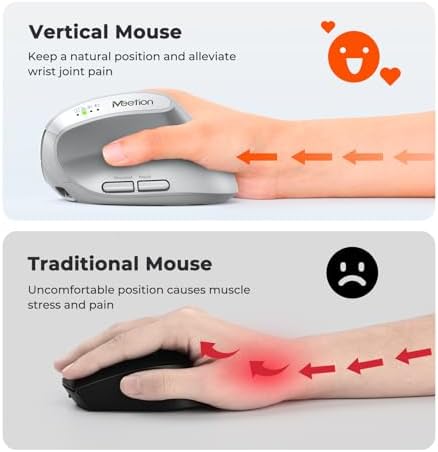 MEETION Ergonomic Vertical Mouse, Wireless Bluetooth Mouse - White - Image 3
