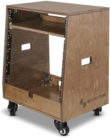 Sound Town DIY Slanted 10U Studio Rack (2U Top + 8U Lower), with 2U Bottom Storage, Slide-Out Tray, Caster, Plywood, Weathered Brown for Recording Room, Home Studio (SDRK-ST10TB) - Image 2