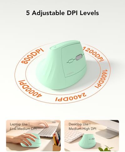 KYSONA Ergonomic Mouse Wireless, Bluetooth Vertical Mouse, 5-Level Adjustable DPI, 2.4G Silent Switch Mice for Windows, MacOS, IPadOS, Laptop, PC, Green - Image 4