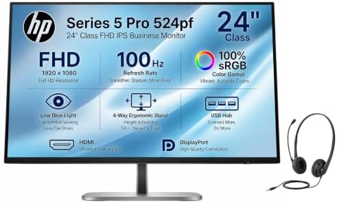 HP Series 5 Pro 524pf 24" Class FHD IPS Business Monitor, 100Hz, 100% sRGB, Low Blue Light, 4-Way Height Adjustable Ergonomic Stand with Tilt, Swivel & Pivot, USB Hub, DisplayPort, Headset, Jet Black by Unknown