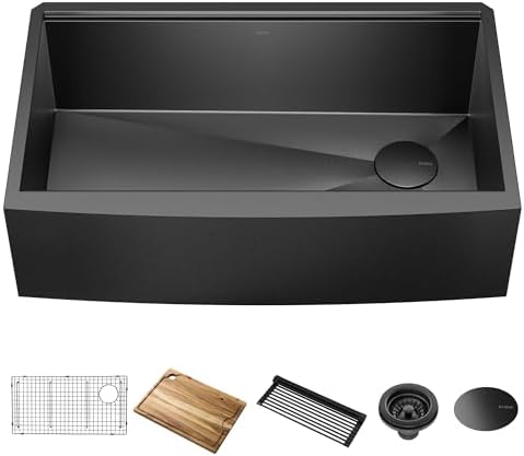 KRAUS Kore Workstation 33-inch Farmhouse Apron Front 16 Gauge Black Stainless Steel Single Bowl Kitchen Sink in PVD Gunmetal Finish with Accessories, KWF210-33/PGM by Unknown