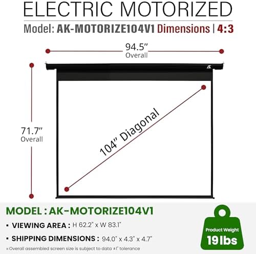 Akia Screens 104-Inch Motorized Projector Screen, 4:3, Electric Drop Down Projector Screen with Remote, Wall or Ceiling Mount, 4K/8K Ready, Black Case, AK-MOTORIZE104V1 - Image 5