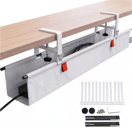 Under Desk Cable Management Tray 36" — No Drill Clamp-On Cord Organizer for Desk with Built-in Ties, Heavy Duty Metal Clamp, Foldable 600D Oxford Fabric for Home Office, WFH & Gaming PC Setup (White) by Unknown