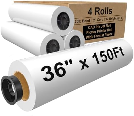 36" x 150ft Wide Format Paper 2" Core, White Plotter Paper CAD Bond 4 Rolls by PAPRMA
