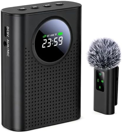 S67 Voice Amplifier Wireless Microphone for Teachers Classroom Rechargeable, Mini Lavalier Lapel Mic, Portable Speaker PA System with LED Display for Class, Tour Guide, Coaches, Black by ZERFUN