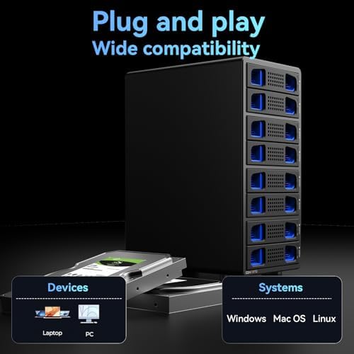 CENMATE Aluminum 8 Bay Hard Drive Enclosure with Cooling Fan for 2.5“/3.5" SATA HDD/SSD with USB A/C 3.0, Support Hot Swappable, Tool-Free HDD Enclosure, DAS(NO RAID/NAS) - Image 5
