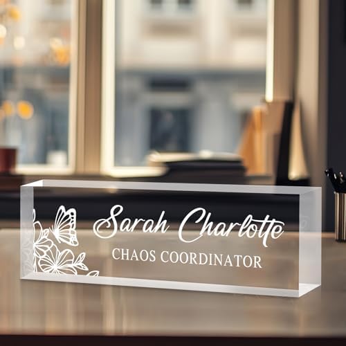 Custom Name Plate for Desk, Personalized Desk Name Plate on Clear Acrylic Glass, Appreciation Gifts for Teacher Employee Boss Coworkers Nurse, Office Desk Accessories for Women Men (Engraved Garden) by DOCRAGI