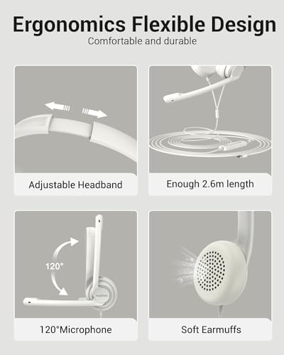NUBWO HW02 USB Computer Headset with Clear Chat Microphone, Lightweight On-Ear Wired Headset for MS Teams, Skype, Webinars, Call Center and More -White - Image 5