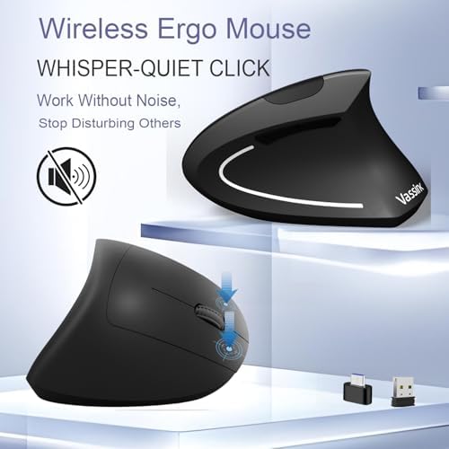 Vassink Ergonomic Mouse, Rechargeable Wireless Mouse,2.4GHz Rechargeable Wireless Vertical Optical Mice with USB Receiver, 6Buttons, 800/1200/1600 DPI, for Laptop, PC, Computer - Image 3