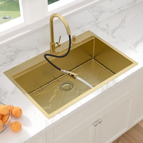 Sarlai 33 Gold Kitchen Sink with Faucet- 33x22 Inch Drop In Kitchen Sink Single Bowl Topmount Gold Ledge Workstation Sinks 16 Gauge Stainless Steel Sinks with Pull-out Faucet - Image 5
