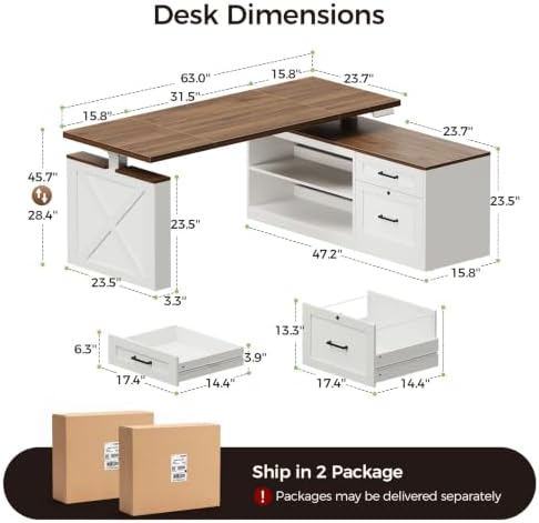 OffiGo 63 Inch Farmhouse L Shaped Electric Standing Desk, Walnut+White - Image 2