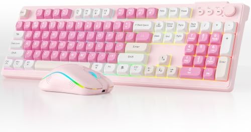 Wireless Keyboard and Mouse Combo, RGB Backlit Rechargeable 2000 mAh Battery, Tri-Mode Bluetooth/2.4GHz/USB-C Custom Creamy Keyboard, RGB Backlit Media Knob (White-Pink) by Unknown