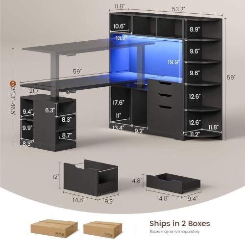 SEDETA 59" L Shaped Standing Desk with 3 Drawers Storage and Bookshelves - Image 2