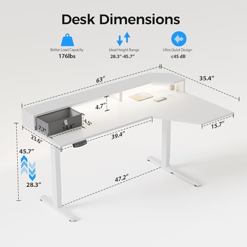 Agilestic 63*35 Inch L Shaped Standing Desk with Shelf & Led& Outlet, White - Image 3