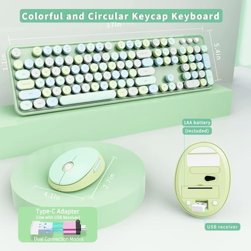 Wireless Keyboard and Mouse Combo, Ergonomic Full Size Typewriter Retro Round Keycaps Keyboard, Compatible with Windows, PC, Perfer for Home and Office Keyboards (Green - Image 5