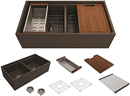 BOCCHI Contempo Workstation Apron Front Step Rim Fireclay 36 in. Double Bowl Kitchen Sink with Accessories in Matte Brown by BOCCHIKitchenandBath