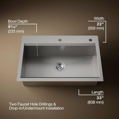 KOHLER 80084-2PC-NA Task™ 33" Top-/Undermount Single-Bowl Workstation Sink, Includes Kitchen Sink Accessories, Stainless Steel, 2 Faucet Holes - Image 4