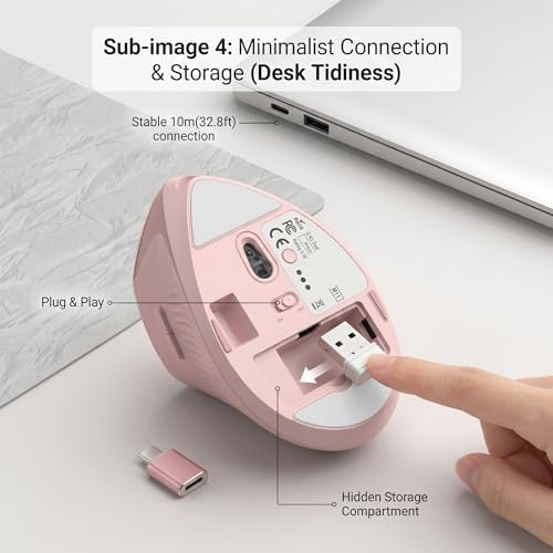 Ergonomic Wireless Vertical Mouse Pink, Bluetooth Mouse with BT5.0/4.0 & 2.4G+USB-C Adapter, Rechargeable Silent, 4 Adjustable DPI Levels, Multi-Device Computer for MacBook, Laptop, PC, Home Office - Image 4