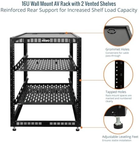 Tecmojo 16U Open Frame Network Rack for IT & AV Gear, AV Rack Floor Standing or Wall Mounted,with 2 PCS 1U Rack Shelves & Mounting Hardware,Network Rack for 19" Networking,Audio and Video Device - Image 4