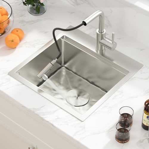 Sarlai Drop Bar Sink - 18 Inch Outdoor Kitchen Sink with Pull-out Faucet Drop In Workstation 18 x 18 Topmount Stainless Steel 16 Gauge Single Bowl Bar Prep RV Outdoor Sinks Basin - Image 4