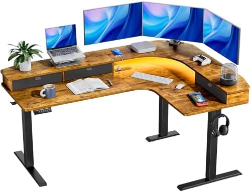HUANUO 65″ L Shaped Standing Desk with 3 Drawers, Adjustable, Vintage Brown by HUANUO