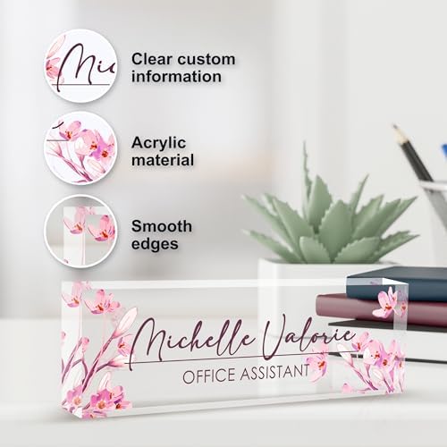 Personalized Name Plate for Desk, Custom Desk Name Plate, Acrylic Name Plate Office Desk Accessories, Personalized Office Gifts for Coworkers Teachers, Employee Appreciation Gifts (A-Pink Flower) - Image 3