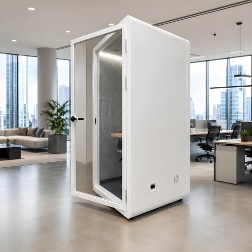 Soundproof Office Pod Booth, 1 Person Office Phone Booth with Solid Wood Desk, Mobile Acoustic Privacy Booth with Casters for Calls, Video Meetings & Focus Work, 10mm Glass, 110V Power, USB & RJ45 - Image 3