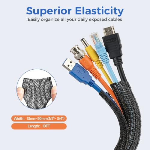 Delamu 10ft - 1/2 inch Cable Sleeve Cord Protector from Pets No Chew, Split-Braided PVC Wire Loom Tubing for Desk Computer USB TV Cord Organizer, Easy Set-up Cable Management Sleeve Kit, Black - Image 2