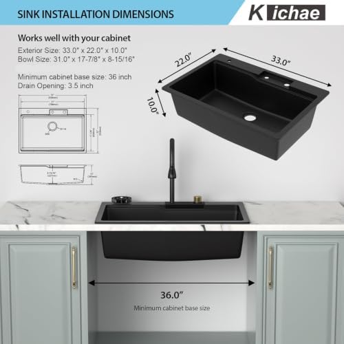 Kichae 33x22 Kitchen Sink Drop In Waterfall Granite Composite Quartz - Image 2