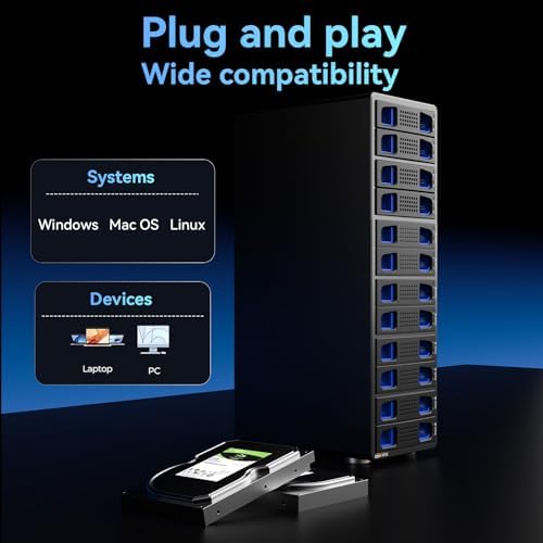 CENMATE Aluminum 12 Bay Hard Drive Enclosure with Cooling Fan for 2.5“/3.5" SATA HDD/SSD with USB A/C 3.0, Support Hot Swappable, Tool-Free HDD Enclosure, DAS(NO RAID/NAS) - Image 6