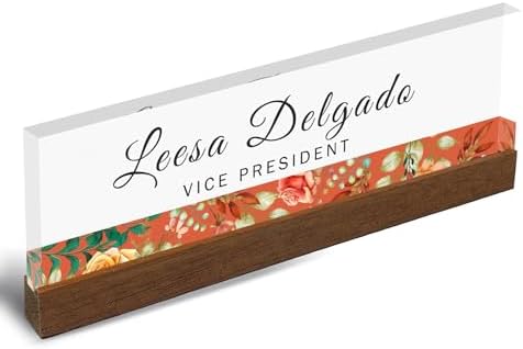 Artblox Personalized Office Desk Name Plate and Business Card Holder | Clear Acrylic Glass with Teak Wood Stand | Flower Stripe Design Customized with Your Name and Credentials Office Desk Décor - Image 4