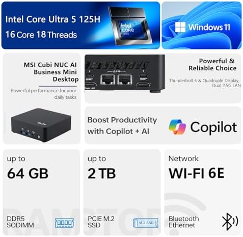 msi Cubi NUC AI Business Mini Desktop, Intel 14-Core Ultra 5 125H, 16GB DDR5, 512GB SSD, Support 4-Display & 4K, 2 x Thunderbolt 4, 2 x HDMI, Dual 2.5G LAN, Wi-Fi 6E, Windows 11 Pro, Black - Image 2