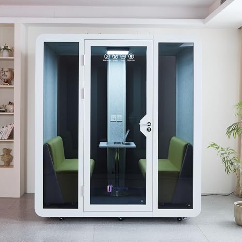 GEARONIC Mobile Office Pod Booth, Sound Proof Office Pod Booth with Mobile Roller, Larger Space for 2-4 People, LED Lighting System,Fans and AC USB Ports（White-Grey） - Image 2