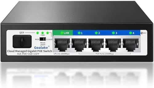 Goalake 6-Port Gigabit PoE+ Switch, 4 PoE Ports 52W, 1 Uplink + 1 SFP Slot, Easy Smart Managed via Web/App, Fanless Metal, Plug & Play, VLAN, QOS, Overload Protection, for Home Office by Goalake