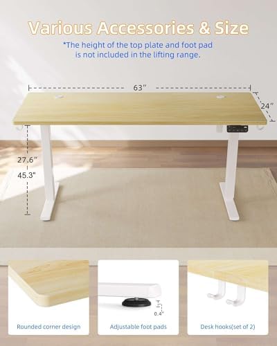 YIHAYO Electric Standing Desk, 63 x 24 Inches Stand Up Desk with Splice Board, Adjustable Height Desk, Computer Desk for Home Office, White Frame/Natural Top - Image 3