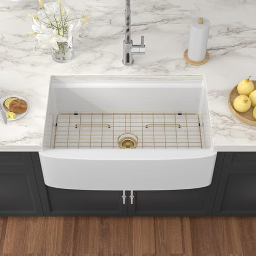 33 Inch White Farmhouse Sink Workstation - Couoko White Curved Apron Front Fireclay Farm Sink Large Deep Ceramic Single Bowl Farmhouse Kitchen Sinks with Luxury Accessories, 33" x 21" x10" - Image 3