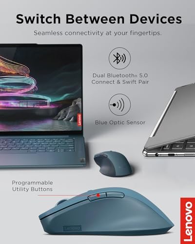 Lenovo Yoga Pro Mouse, Bluetooth, USB-C Rechargable, Dual Mode Bluetooth, 6 Button, Right Handed Design, Ergonomic Design, Programmable Buttons, 2-Way Metal Scroll Wheel, Tidal Teal - Image 3