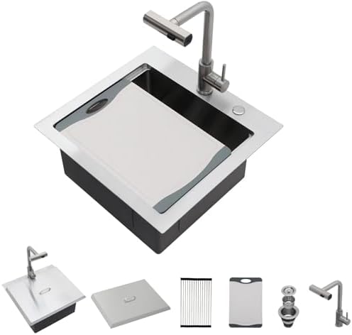 Lordear Drop In Outdoor Kitchen Sink Workstation with Pull-out Faucet 21" x 20" Bar Prep Sink 16 Gauge Stainless Steel Single Bowl Small Kitchen Camper Wet Bar Mobile Home RV Basin with Cover by LORDEAR
