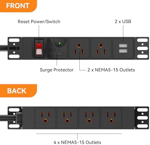 10 inch Rack PDU, 1U 6 Outlets(2 in Front, 4 in Back) Surge Protected,14AWG - Image 2