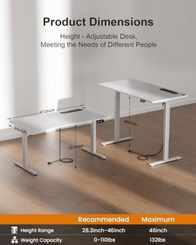HLDIRECT 47" Electric Standing Desk with Power Outlets, White - Image 3
