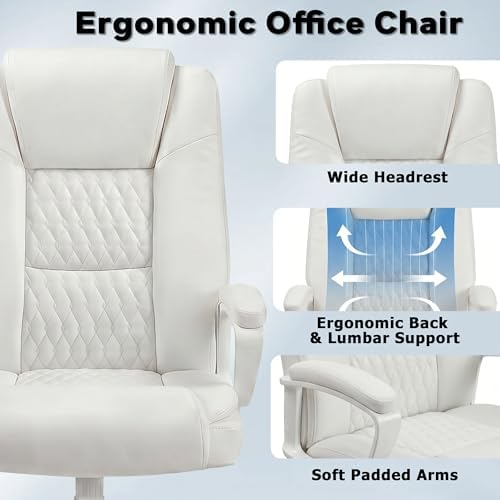 Executive Office Chair, High Back Ergonomic Desk Chair with Lumbar Support, Adjustable Big and Tall Computer Chair, 360° Swivel, PU Leather, White - Image 5