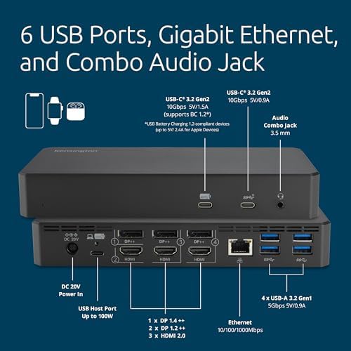 Kensington DisplayLink 4K Docking Station, Triple 4K for MacBook Pro/Air M1/M2/M3/M4, 14ports, 3xHDMI/3xDisplayPort,4xUSB A,2xUSB C 3.2, Ethernet, Audio, 100W PD (K33621NA) - Image 3