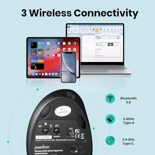 Perixx PERIMICE-819B Bluetooth Portable Vertical Mouse - Wireless 3-in-1 Multi-Device Spec - Silent-Click - Portable Compact Size - Black - Right Handed - Image 5
