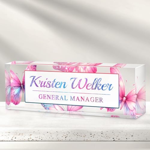 Custom Office Name Plate for Desk - Desk Name Plate Personalized Gifts for Coworkers, Boss, Employees, Teacher, Nurse - Office Desk Decor for Women Men - Employee Appreciation Gifts (Pink Butterfly) by Cryphart-CustomGiftExpert