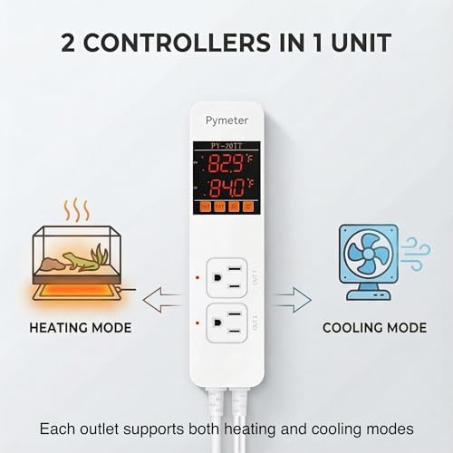 Digital Temperature Controller Dual Probe Reptile Thermostat Controlled Outlet for Terrarium Heat Mat Heating Pad, Switch Cooling Fan Freezer Fridge ON & Off at Setpoints 10A 1200W - Image 2