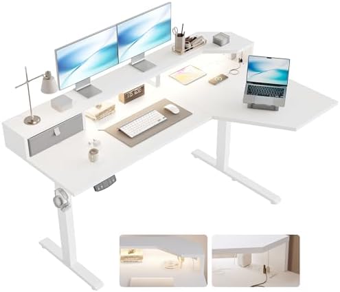 Agilestic 63*35 Inch L Shaped Standing Desk with Shelf & Led& Outlet, White by Agilestic