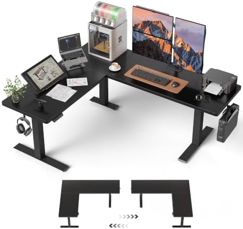 FEZIBO Triple Motors 25mm Tabletop L Shaped Standing Desk, 75" X 63" Electric Standing Gaming Desk Adjustable Height, Corner Stand up Desk with Splice Board, Black Frame/Black Top by FEZIBO