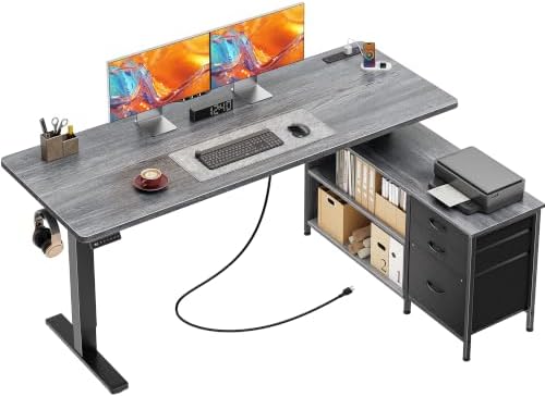 PRAISUN 55.1'' L Standing Desk with Outlets, Cabinet with Shelves, Drawers by PRAISUN